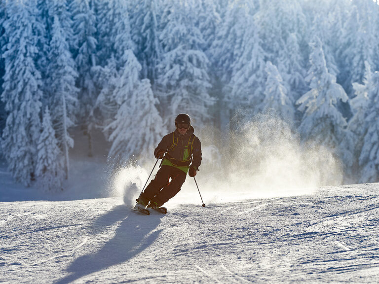 Ein Mann auf Skiern gleitet die weiße Piste des grossen Arbers hinunter.